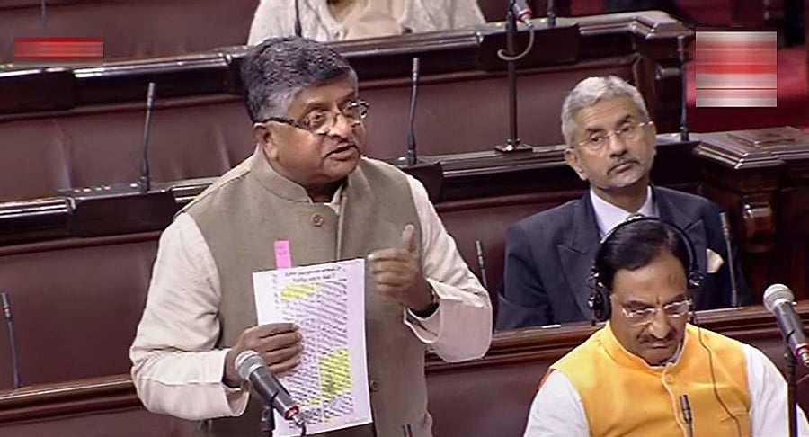 Union Minister Ravi Shankar Prasad speaks during the Winter Session of Parliament in New Delhi. RSTV/PTI