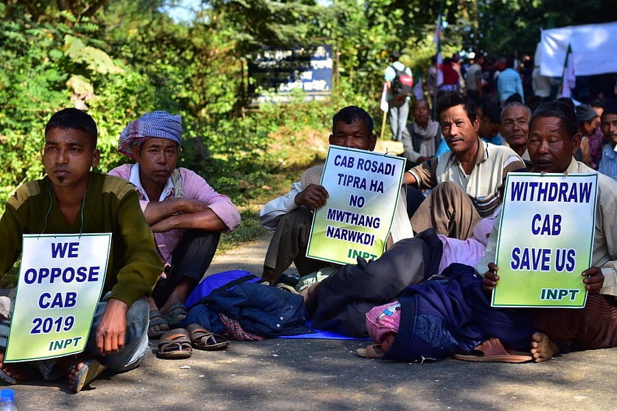 Road blockade by INPT members against Citizenship (Amendment) Bill at Bhrigudasbari in Tripura West district on Thursday. (Photo by Tanmoy Chakraborty/Agartala)