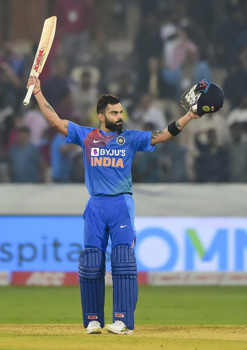 Virat Kohli celebrates after win the first T20 match against West Indies at Rajiv Gandhi International Stadium in Hyderabad (PTI Photo)