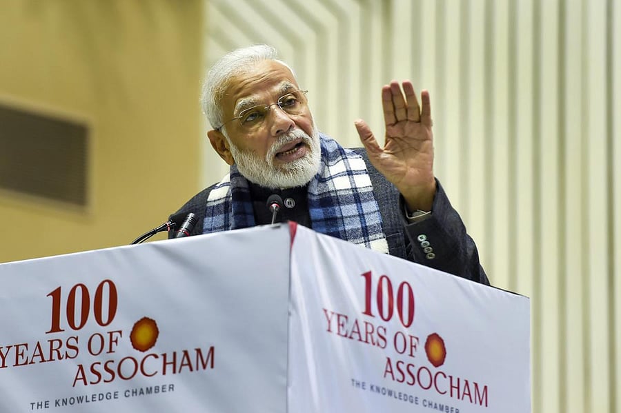Prime Minister Narendra Modi addresses during ASSOCHAM annual conference 'New India: Aspiring $5 Trillion Economy', in New Delhi. PTI