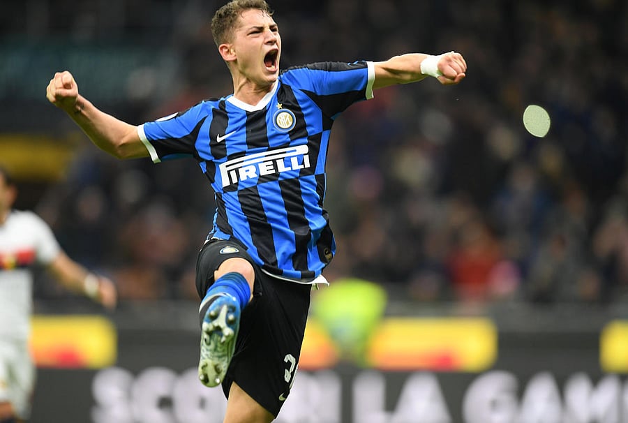 Inter Milan's Sebastiano Esposito celebrates scoring their third goal from the penalty spot. (Reuters Photo)