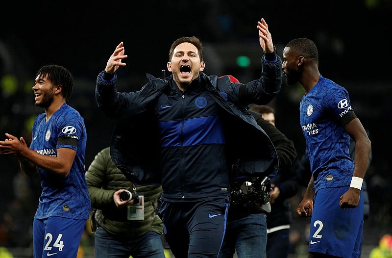 Chelsea manager Frank Lampard celebrates after the match. (Reuters Photo)