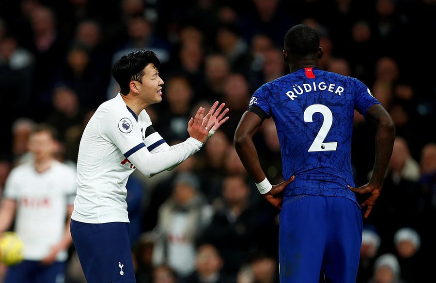 Tottenham Hotspur's Son Heung-min reacts after clashing with Chelsea's Antonio Rudiger. (Reuters photo)