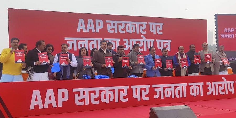 Union Minister Harsh Vardhan and Lok Sabha MP Meenakshi Lekhi and other senior BJP leaders accused the Aam Aadmi Party of "fanning the fire" during the recent violent protests in Delhi against the amended citizenship law. Photo/Twitter (@BJP4Delhi)
