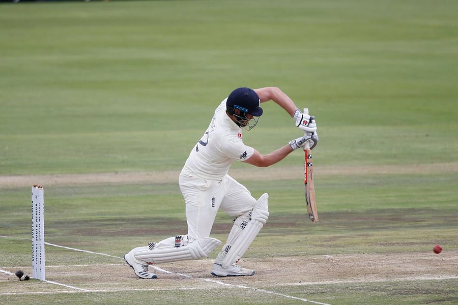 England's Dom Sibley watches the ball after playing a shot during the third day of the first Test cricket match between South Africa and England at The SuperSport Park stadium at Centurion near Pretoria. AFP