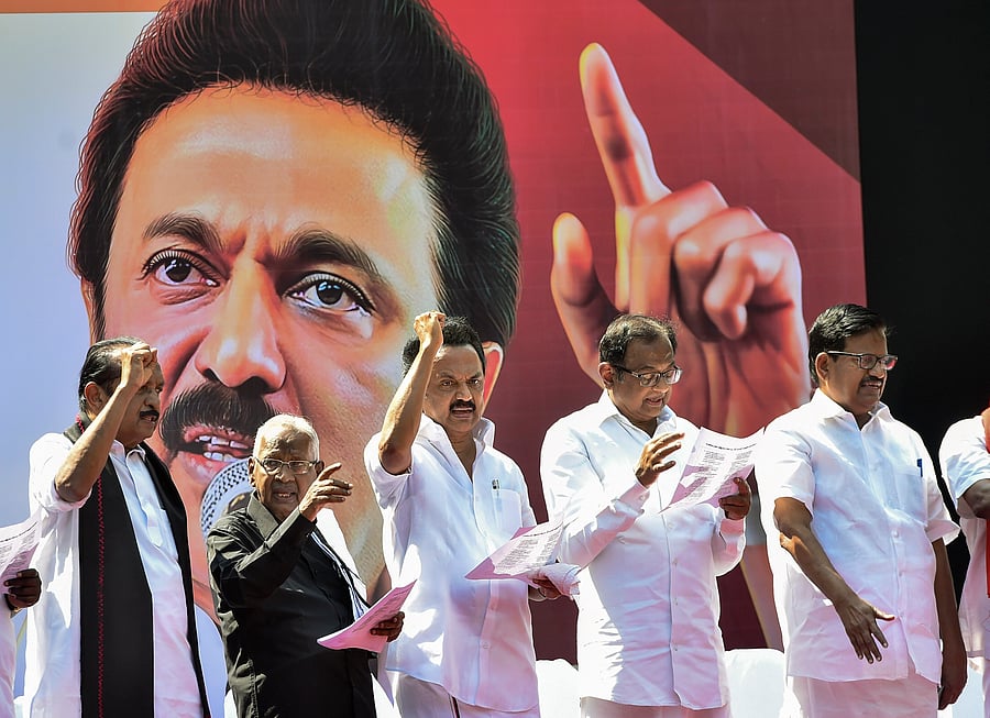 DMK president MK Stalin along with leaders of allies, including senior Congress leader P Chidambaram, MDMK chief Vaiko and state unit leaders of the Left parties take part in a protest rally against the Citizenship (Amendment) Act (CAA), in Chennai. (PTI Photo)