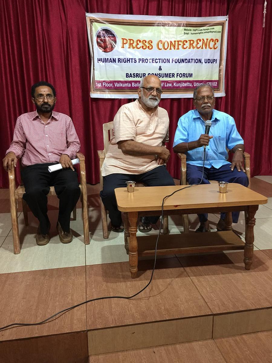 Bhoja Shetty, 77, speaks during a press meet in Udupi.