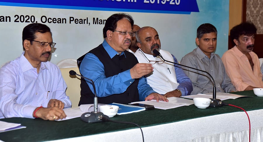 Rajiv Gandhi University of Health Sciences Vice Chancellor Dr S Sacchidanand speaks to mediapersons in Mangaluru on Wednesday. DH Photo