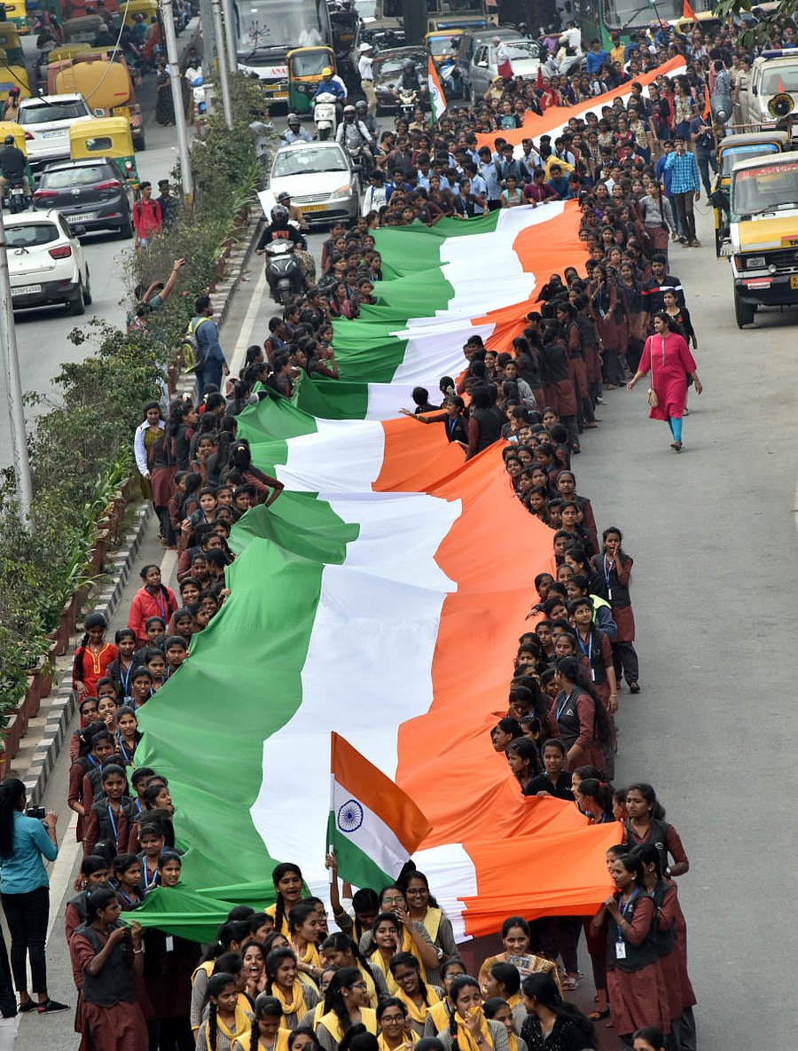 Members of ABVP take out a rally in support of citizenship law in Malleswaram on Thursday. DH Photo/Janardhan B K