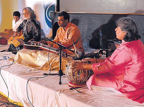 impressive From left: Pandit Vishwa Mohan Bhatt, Chitraveena Ravikiran and  Ramkumar Mishra.