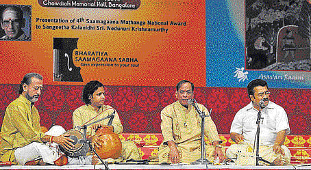 Giridhar Udupa, Dr M Balamuralikrishna and Krishnan.