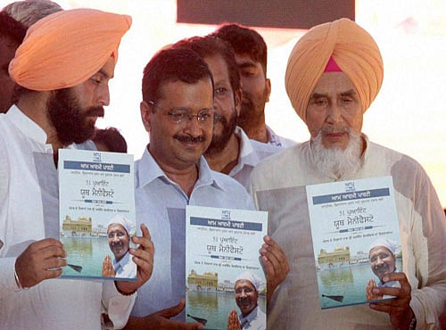 Delhi CM Arvind Kejriwal releasing '51-points Youth Manifesto' in Amritsar on Sunday. PTI Photo