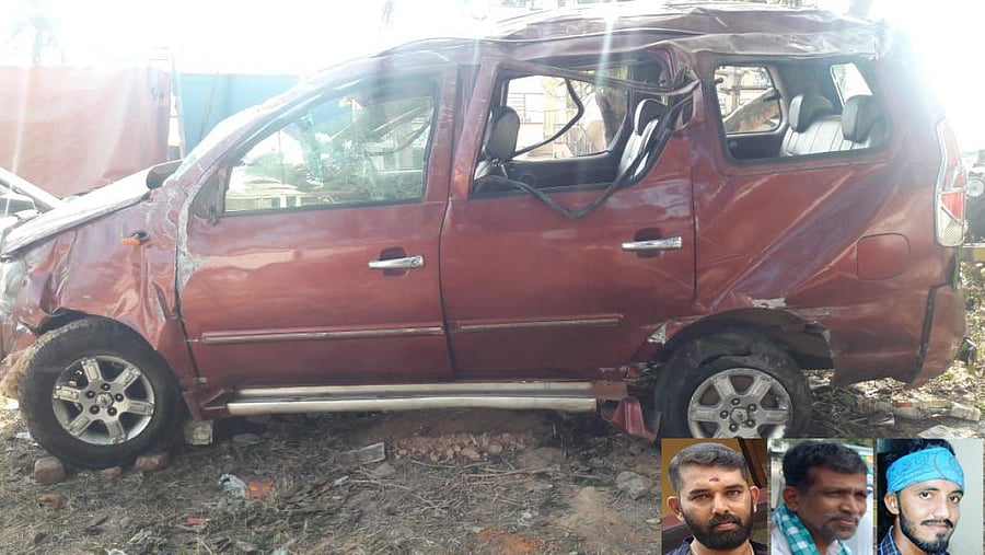 (Inset from left) Akshay, Monappa and Kishan were killed after their SUV rammed into an electric pole near Gudemaranahalli on Wednesday. DH photo