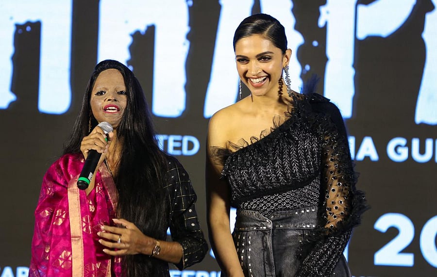 Bollywood actress and producer Deepika Padukone with acid-attack survivor Laxmi Agarwal during the launch of title track of film ‘Chhapaak’ (PTI Photo)