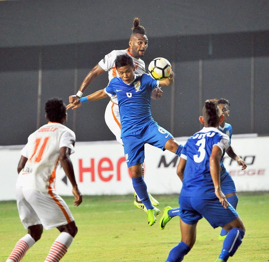 Indian Arrows & Neroca FC in action at Tilak Maidan, in Vasco during the I-League match on Tuesday. (PTI Photo)