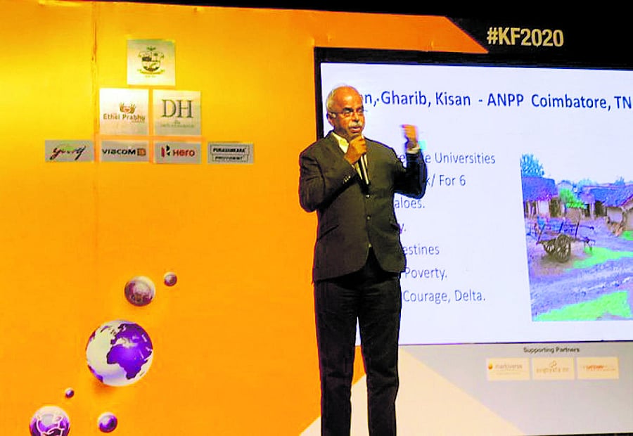 Entrepreneur Arokiaswamy Velumani speaks during 'Knowledge Factory’ at St Agnes College in Mangaluru on Friday.