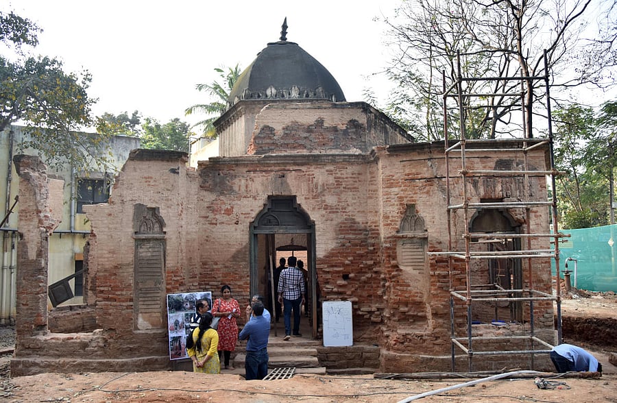 The 100-year old Bangalore Gate, near Royan Circle on Mysore Road, will be ready for public viewing in March. DH Photo by Janardhan B K