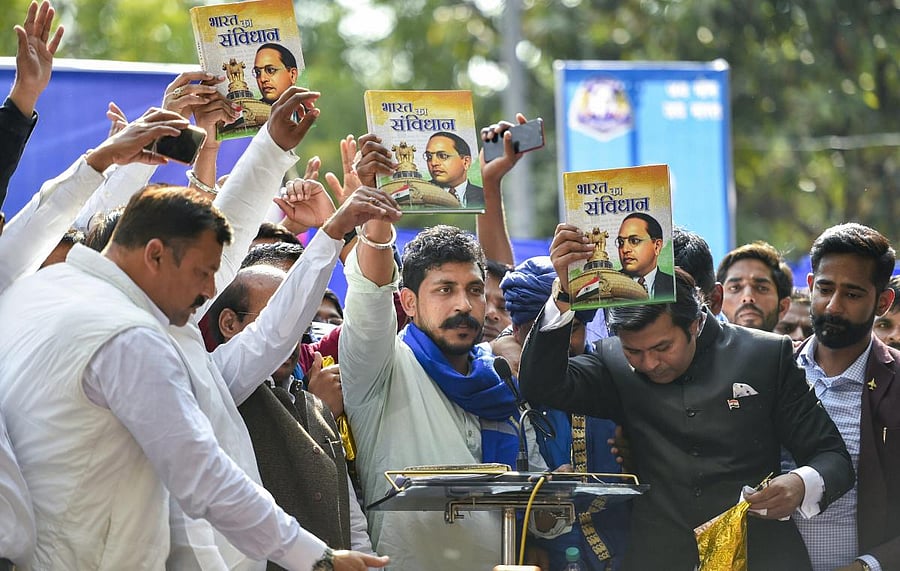 Bhim Army chief Chandrashekhar Azad at Bahujan Hunkar rally at Jantar Mantar, in New Delhi. (PTI PHOTO)