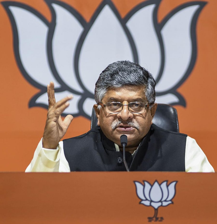 Union Minister Ravi Shankar Prasad addresses a press conference regarding the newly-formed government in Maharashtra, at BJP HQ in New Delhi. (PTI Photo)