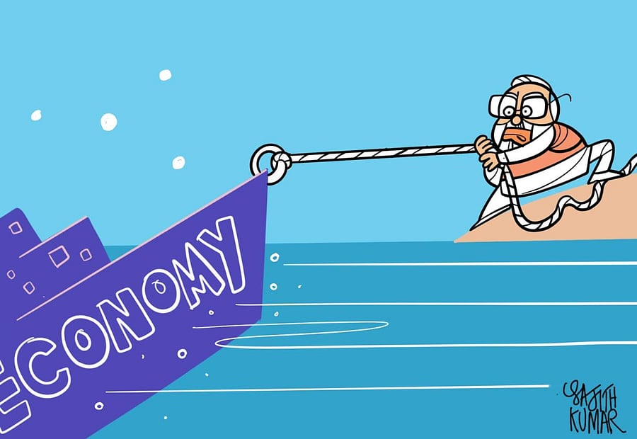 The quarter also saw a sharp slowdown in Gross Fixed Capital Formation (GFCF), showing that investments are shying away and that a revival may continue to depend on government spending. (DH Cartoons by Sajith Kumar)