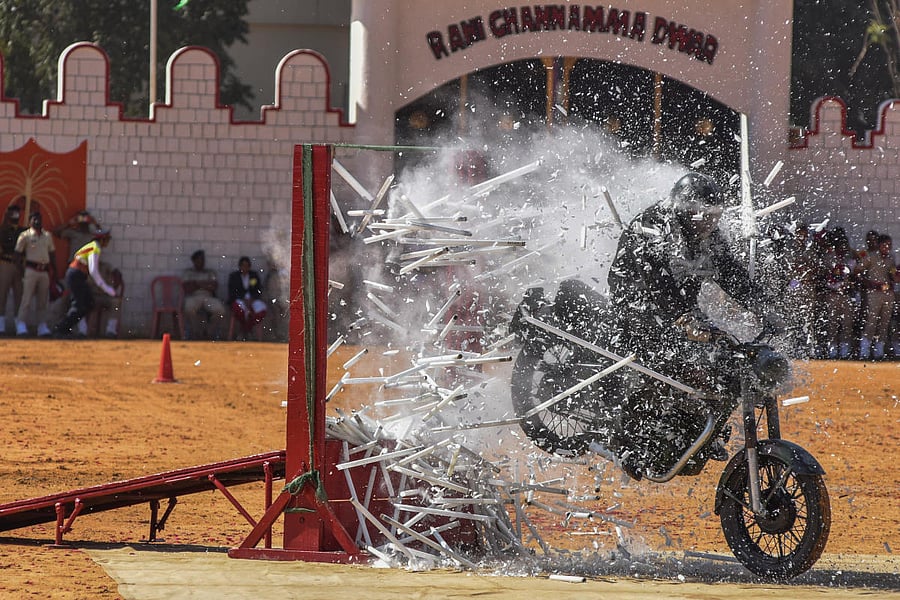 A motorcycle display by the Tornadoes Army Service Corps at the Republic Day parade at the Field Marshal Manekshaw Parade Ground in Bengaluru on Sunday. Photo by S K Dinesh