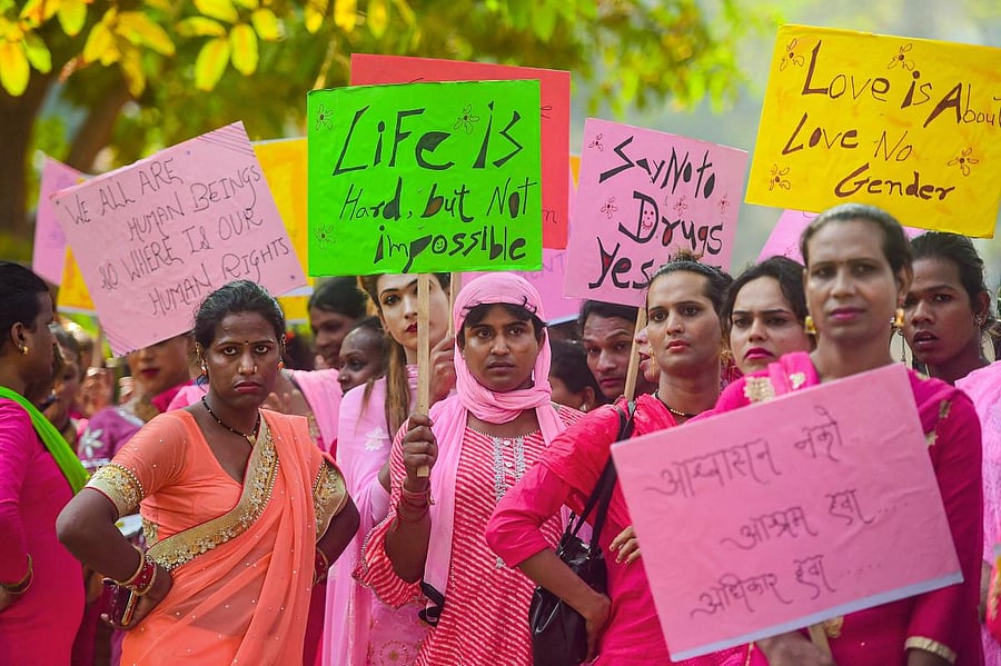 Members from the transgender community take part in the 6th 'Pink Rally' organised by 'Kinnar Maa ek Samajik Sanstha', in Mumbai, Monday, Jan. 13, 2020. (PTI Photo)