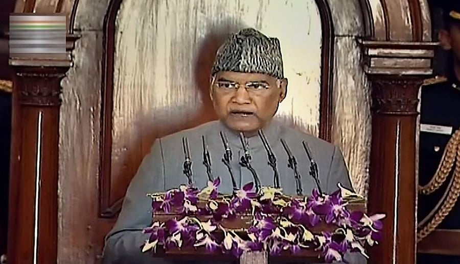 President Ram Nath Kovind addresses a joint session of both the houses ahead of Budget Session, at the Central Hall of Parliament, in New Delhi, Friday, Jan. 31, 2020. LSTV/PTI Photo