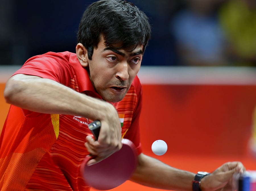 Later, Sutirtha and Sourav Saha settled with the silver in a tough mixed doubles, losing 1-3 to the Bengal pair of Ronit Bhanja and Mousumi Paul. (Credit: PTI Photo)