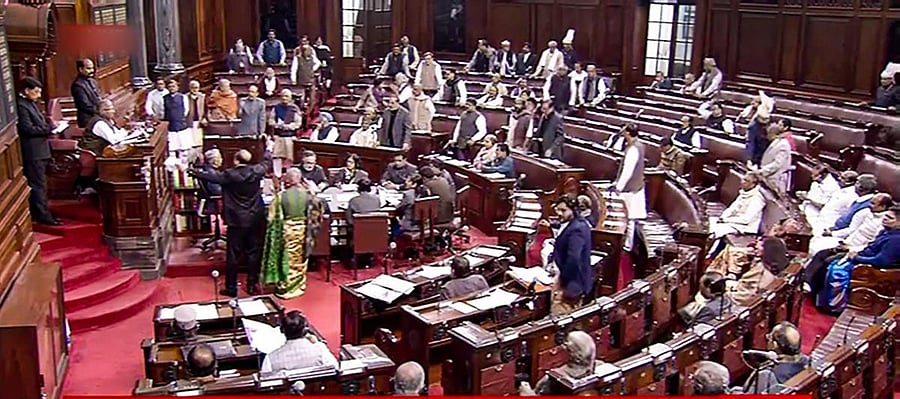 New Delhi: Opposition members protest in the well of Rajya Sabha during the Budget Session of Parliament, in New Delhi, Monday, Feb. 3, 2020. (PTI Photo)