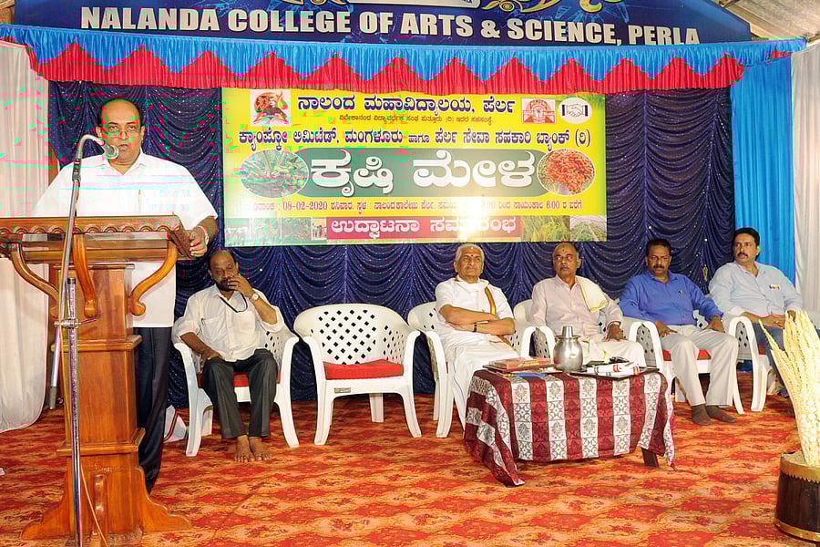 Campco President S R Sathichandra speaks after inaugurating krishi mela, organised at Nalanda College of Arts and Science premises in Perla.