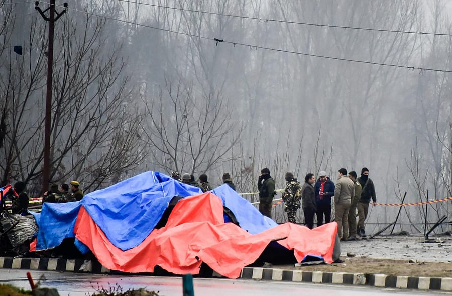 The CRPF personnel were killed in a suicide attack by a Jaish-e-Mohammad (JeM) terrorist driving an explosive-laden car on their convoy passing through Jammu-Srinagar national highway in Pulwama district on February 14 last year. Credit: PTI Photo