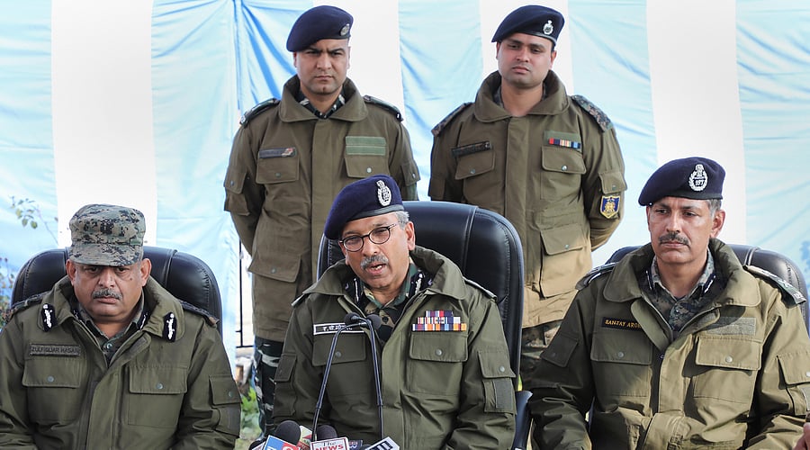 CRPF Director General (DG) A P Maheshwari, flanked by other officers, addresses a press conference at the force's Nagrota Group Centre. (PTI Photo)
