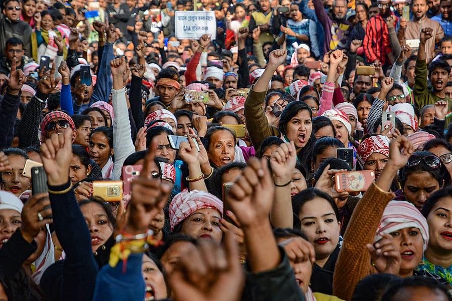 All Assam Students Union (AASU) activists raise slogans against the Citizenship Amendment Act (CAA ), in Nalbari. PTI