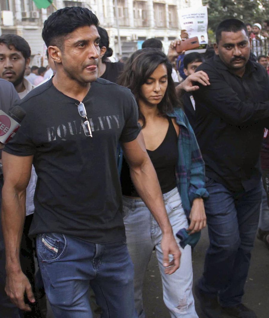  Bollywood actor Farhan Akhtar during a protest against the Amended Citizenship Act and NRC, at August Kranti Maidan in Mumbai. (PTI Photo)