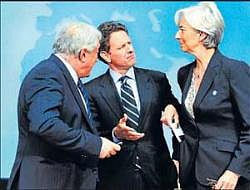 (From left) IMF Managing Director Dominique Strauss-Kahn with US Treasury Secretary Tim Geithner & Frances Finance Minister Christine Lagarde in Washington at the G-20 meet on Friday. AFP