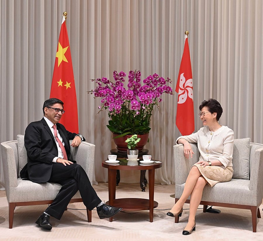In his first visit to Hong Kong, Ambassador Vikram Misri called on Carrie Lam, Chief Executive of Hong Kong Special Administrative Region (HKSAR) of China. (Twitter/@CGIHongKong)