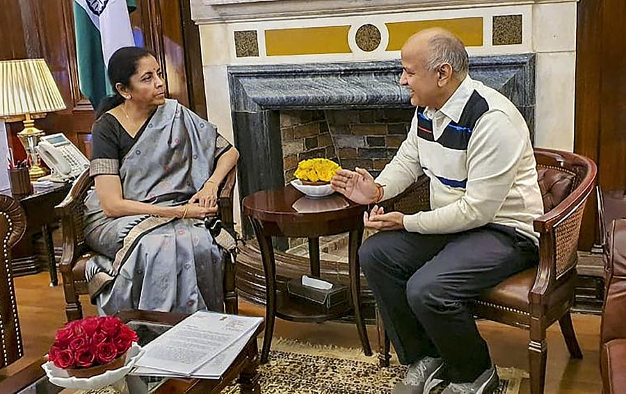 Delhi Deputy CM Manish Sisodia meets Union Finance Minister Nirmala Sitharaman. (PTI Photo)