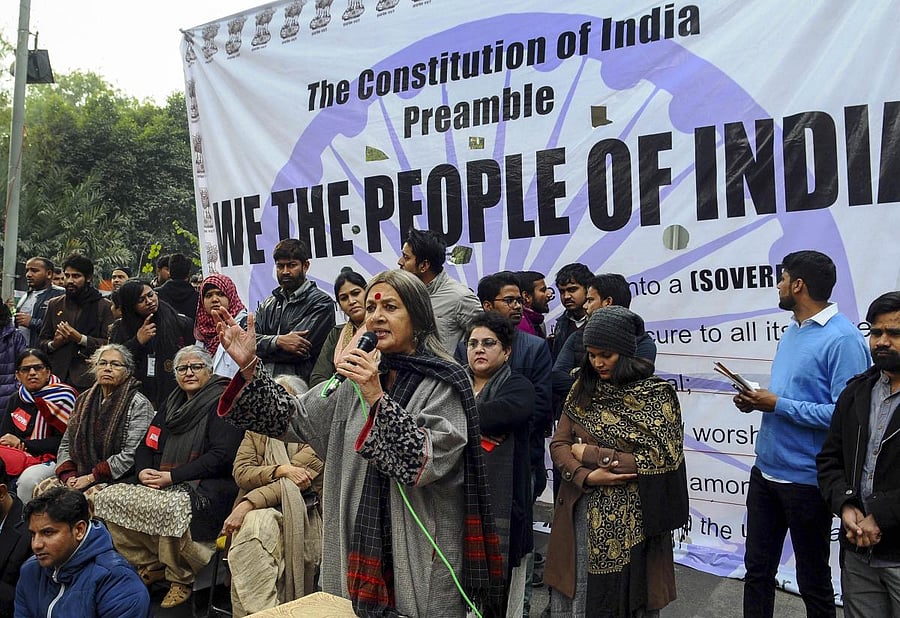 enior Communist Party of India-Marxist (CPI-M) leader Brinda Karat speaks during a protest against the Citizenship Amendment Act (CAA), outside the Jamia Millia Islamia University. PTI