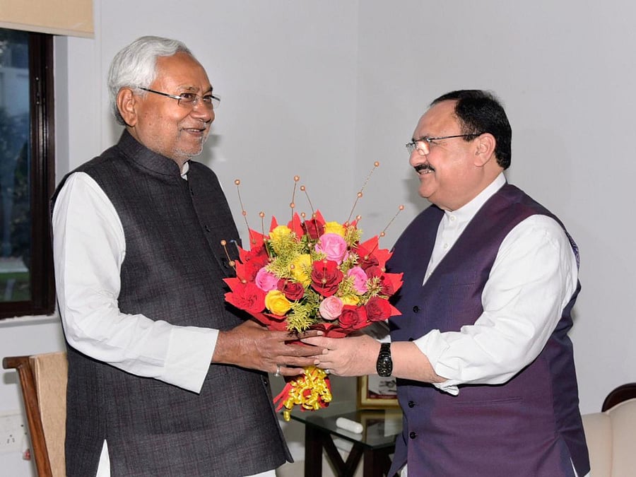 Bihar Chief Minister Nitish Kumar greets Bharatiya Janata Party (BJP) National President JP Nadda during a meeting on preparation for the Legislative Assembly polls, in Patna, Saturday, Feb. 22, 2020. (PTI Photo)
