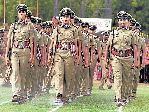 Women police officers march during their passing out parade at Gujarat Police Academy near Gandhinagar on Tuesday. AP photo