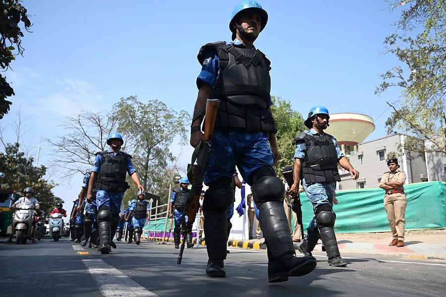 Rapid action force (RAF) patrol along a street in Ahmedabad on February 23, 2020, ahead of the arrival of US President Donald Trump. (AFP Photo)