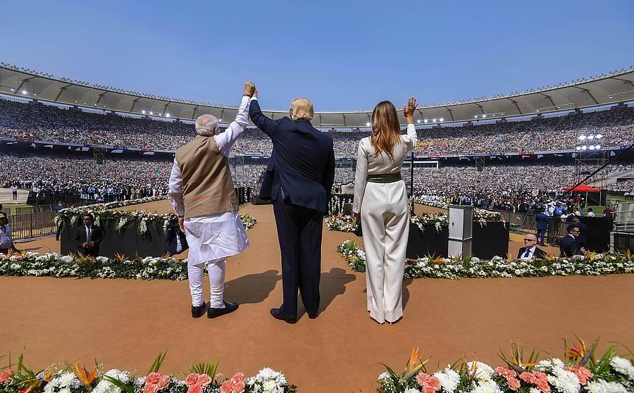 Prime Minister Narendra Modi, US President Donald Trump and First Lady Melania Trump during the 'Namaste Trump' event at Sardar Patel Stadium in Ahmedabad. (PTI Photo)
