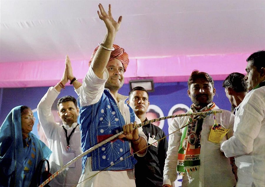 Congress Vice President Rahul Gandhi at an election campaign rally at Muvada Chokad