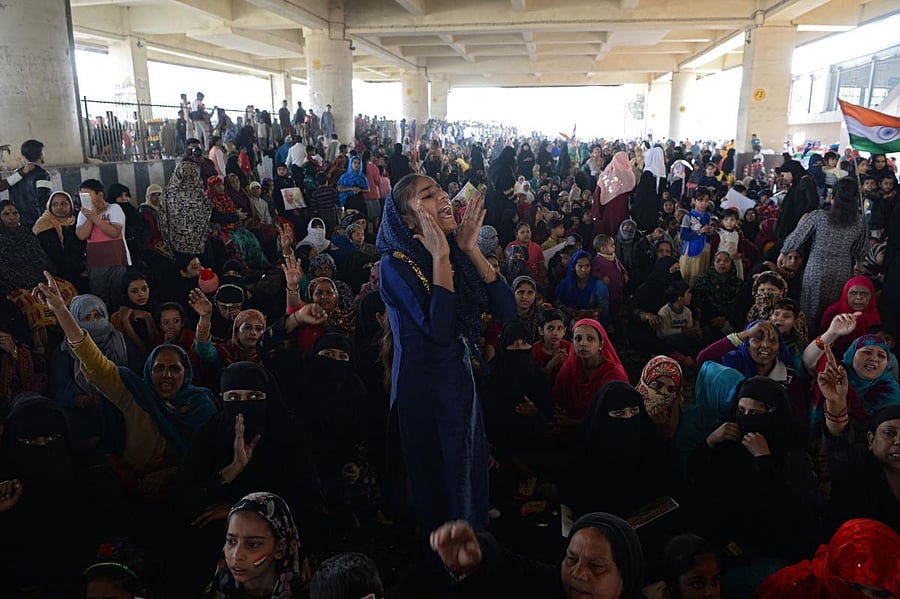 Demonstrators shout slogans during a protest against the Indian government's Citizenship Amendment Act (CAA) and the National Register of Citizens (NRC) at Jafrabad area in New Delhi on February 23, 2020. Credit: AFP Photo