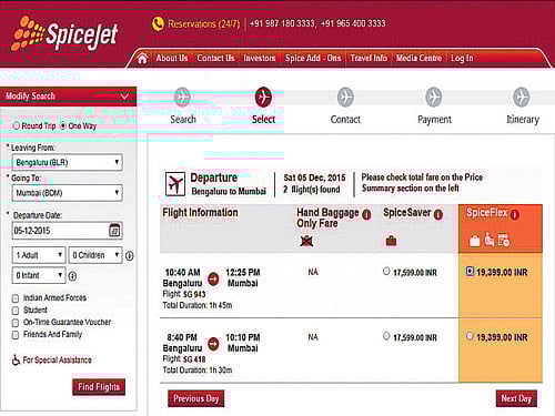 Screenshot of the Spicejet page showing the fares