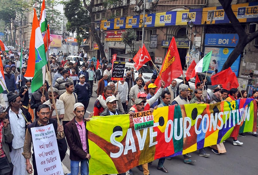Left Front parties and Congress workers participate in a joint protest rally against CAA, NRC and NPR, in Kolkata. PTI