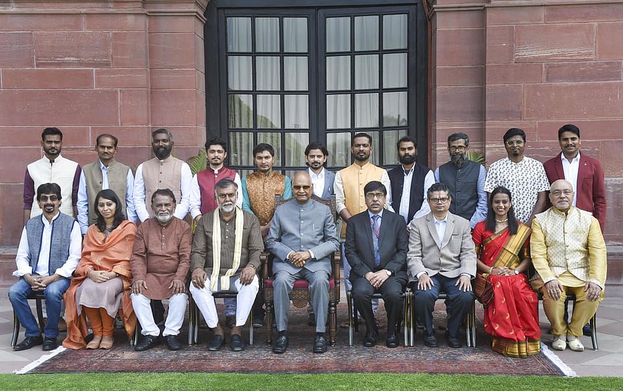 President Ram Nath Kovind along with awardees during the 61st annual Lalit Kala Akademi awards (PTI Photo)