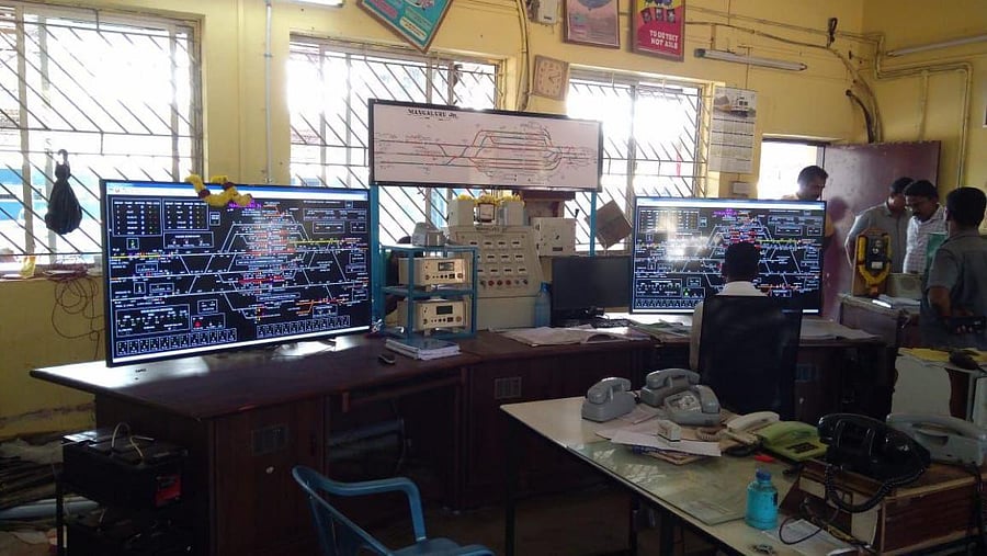 The upgraded electronic interlocking and dual visual display unit at Mangaluru Junction Railway Station.