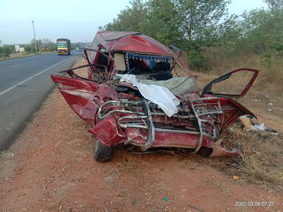 The mangled remains of the SUV after the accident.
