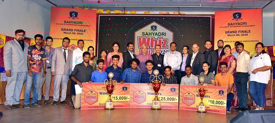 The first, second and third prize winning teams of the sixth edition of Sahyadri Whiz-Quiz 2020, a quiz competition held at Sahyadri College in Adyar on Friday.